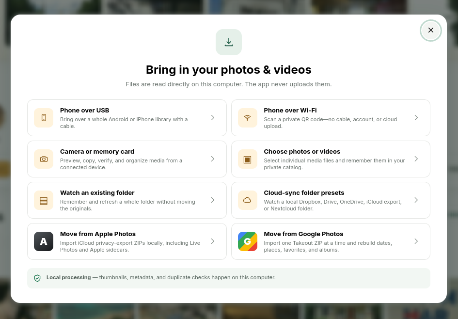 Pika Photos import screen with phone, camera, folder, Apple Photos, and Google Photos options